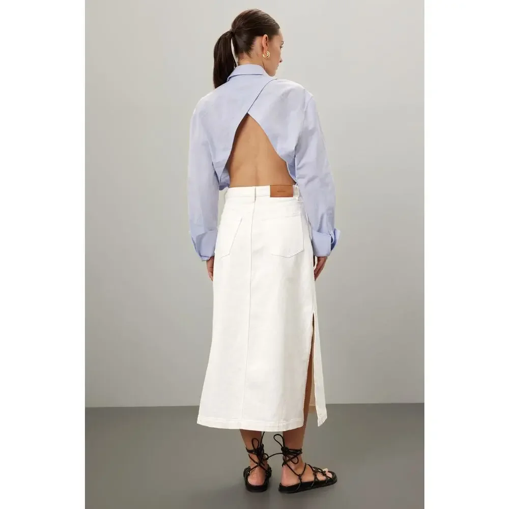 7 For All Mankind Denim Lustre‎ Midi Skirt White Sunny A-Line Side Slit Sz 32